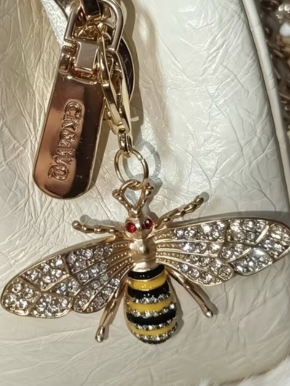 Gold Tone Bee Purse Charm Keychain with Faux Crystals - Yellow & Black Accent